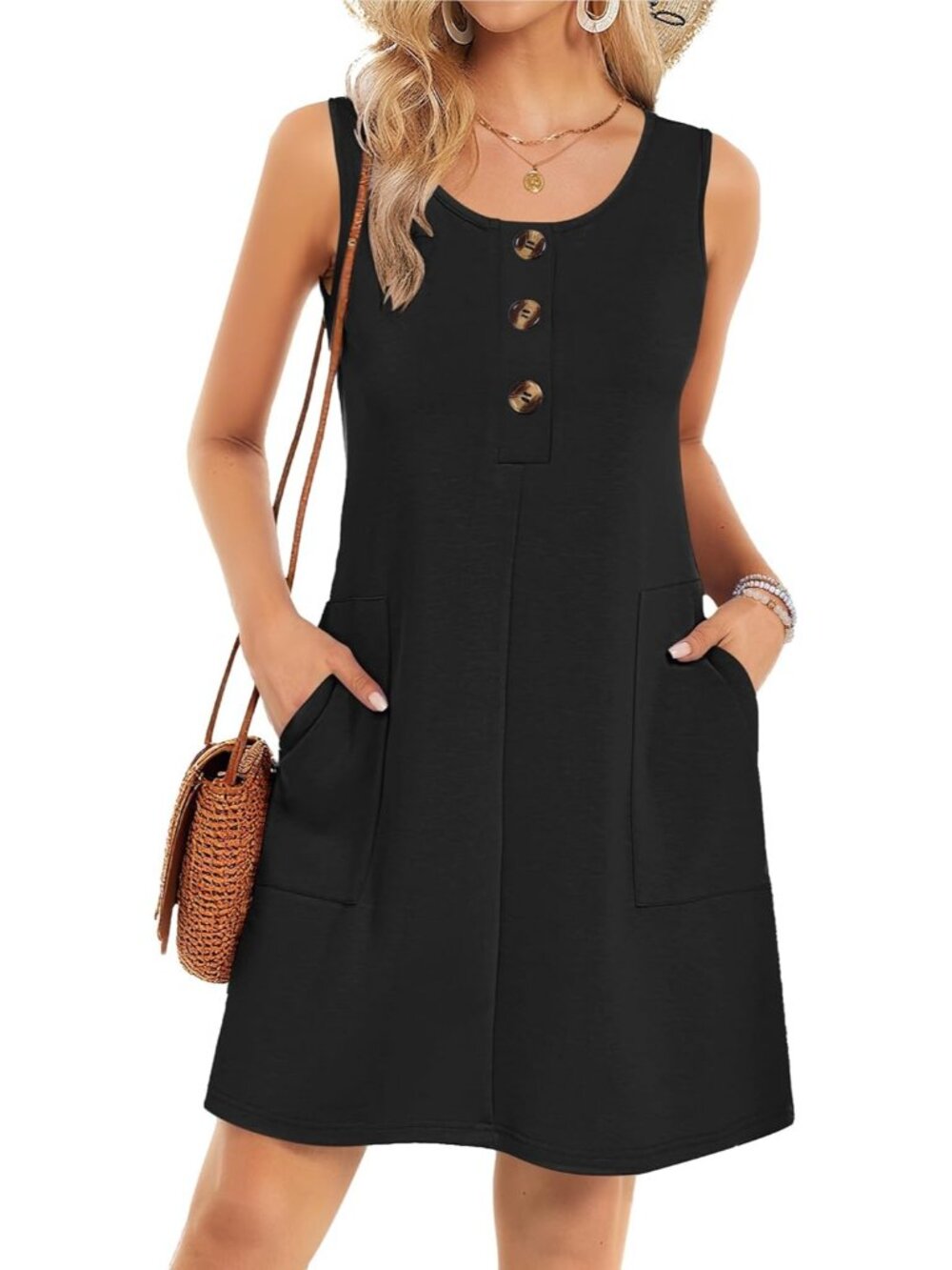 Women's Black Summer Dress Sleeveless Casual Crewneck Beach Cover Up Mini Dress